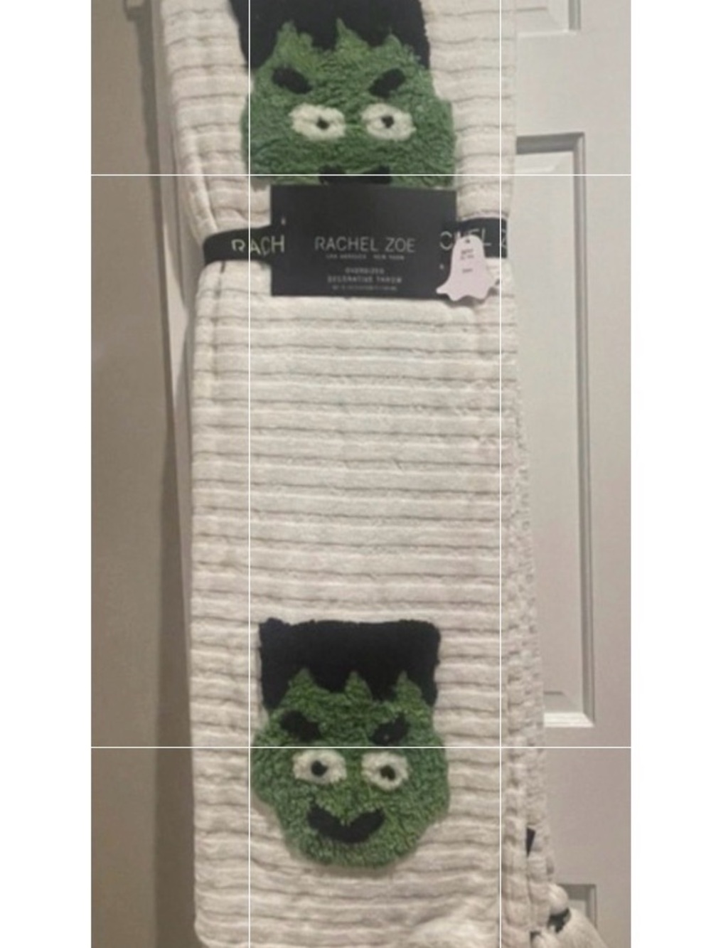 Rachel Zoe White Plush Decorative Throw blanket with Frankenstein heads